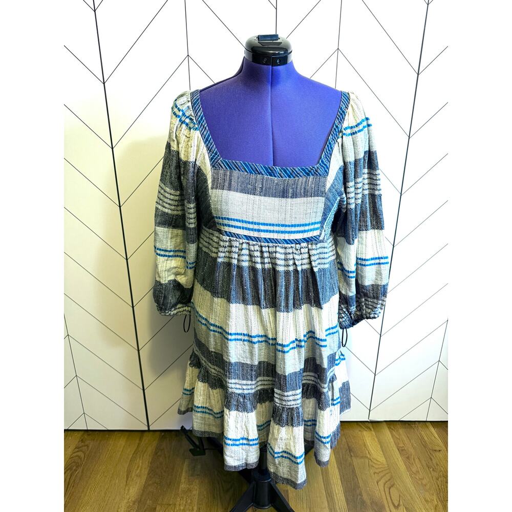 Free People Womens Large Blue Indigo All Lined Up Mini Dress Striped Cottage New